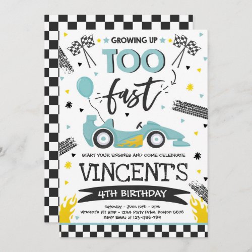 Growing Up Too Fast Blue Race Car Birthday Party Invitation