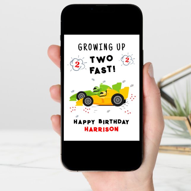 Growing Up Two Fast 2nd Birthday Kids Racing Cars Card (Front Digital)