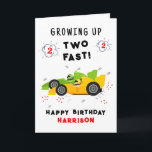 Growing Up Two Fast 2nd Birthday Kids Racing Cars Card<br><div class="desc">Growing Up Two Fast 2nd Birthday Kids Racing Cars Birthday Card Greeting Card features a cute and colorful racing cars with the text "Growing up two fast!" in modern typography script accented with the number 3 and doodles. Below "Happy Birthday" personalize with your name and add your custom message on...</div>