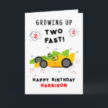 Growing Up Two Fast 2nd Birthday Kids Racing Cars Card<br><div class="desc">Growing Up Two Fast 2nd Birthday Kids Racing Cars Birthday Card Greeting Card features a cute and colorful racing cars with the text "Growing up two fast!" in modern typography script accented with the number 3 and doodles. Below "Happy Birthday" personalize with your name and add your custom message on...</div>