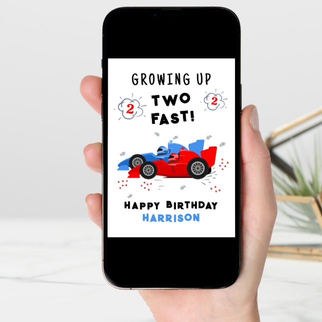 Growing Up Two Fast 2nd Birthday Kids Racing Cars Card (Front Digital)