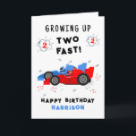 Growing Up Two Fast 2nd Birthday Kids Racing Cars Card<br><div class="desc">Growing Up Two Fast 2nd Birthday Kids Racing Cars Birthday Card Greeting Card features a cute and colorful racing cars with the text "Growing up two fast!" in modern typography script accented with the number 3 and doodles. Below "Happy Birthday" personalize with your name and add your custom message on...</div>