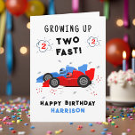 Growing Up Two Fast 2nd Birthday Kids Racing Cars Card<br><div class="desc">Growing Up Two Fast 2nd Birthday Kids Racing Cars Birthday Card Greeting Card features a cute and colorful racing cars with the text "Growing up two fast!" in modern typography script accented with the number 3 and doodles. Below "Happy Birthday" personalize with your name and add your custom message on...</div>