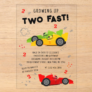Growing Up Two Fast 2nd Birthday Race Cars Acrylic Invitations
