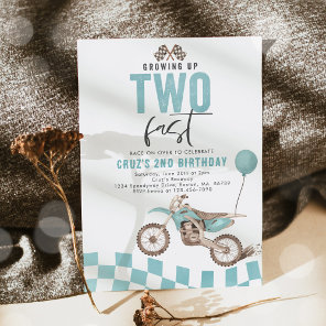 Growing Up Two Fast Blue Dirt Bike Boy Birthday Invitation