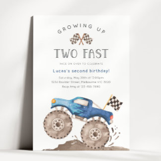 Growing Up Two Fast Blue Monster Truck Birthday Invitation