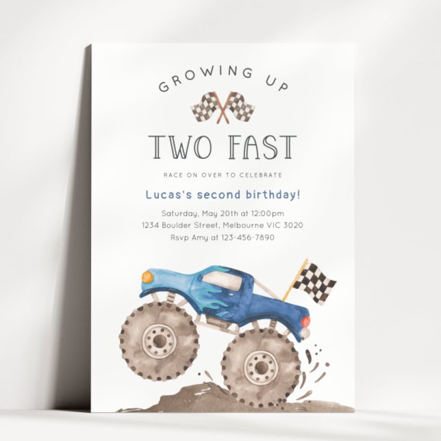 Growing Up Two Fast Blue Monster Truck Birthday Invitation (Creator Uploaded)