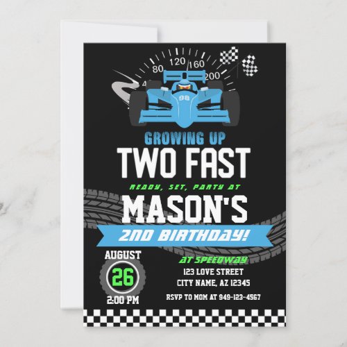 Growing up Two Fast Blue Race car 2nd birthday Invitation