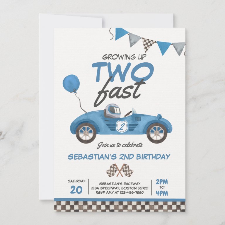 Growing Up Two Fast Blue Race Car 2nd Birthday                    Invitation
