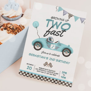Growing Up Two Fast Blue Race Car 2nd Birthday Invitation