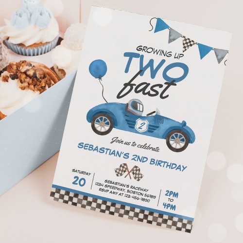Growing Up Two Fast Blue Race Car 2nd Birthday Invitation