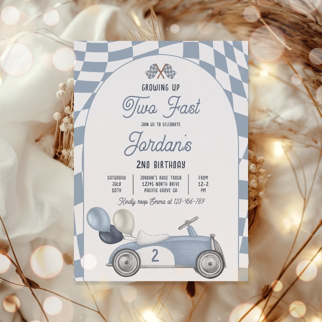 Growing Up Two Fast Blue Race Car 2nd Birthday Invitation (Creator Uploaded)
