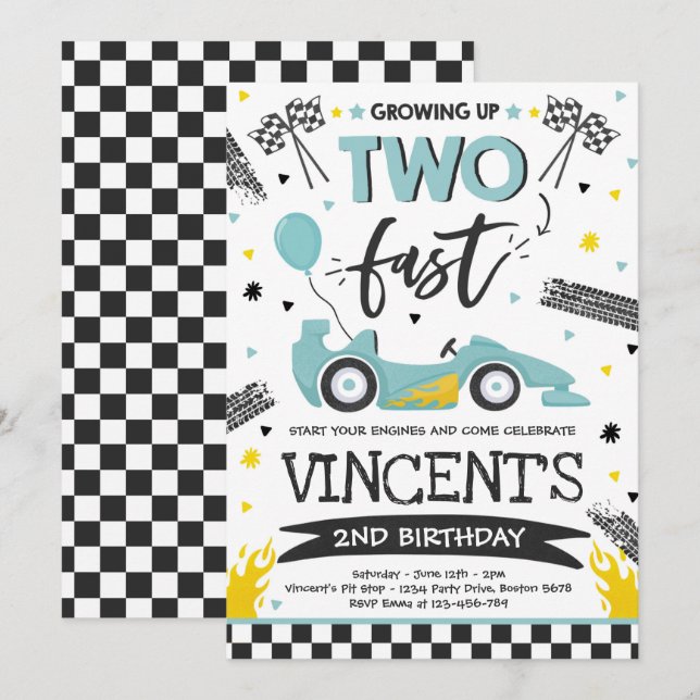 Growing Up Two Fast Blue Race Car 2nd Birthday  Invitation (Front/Back)