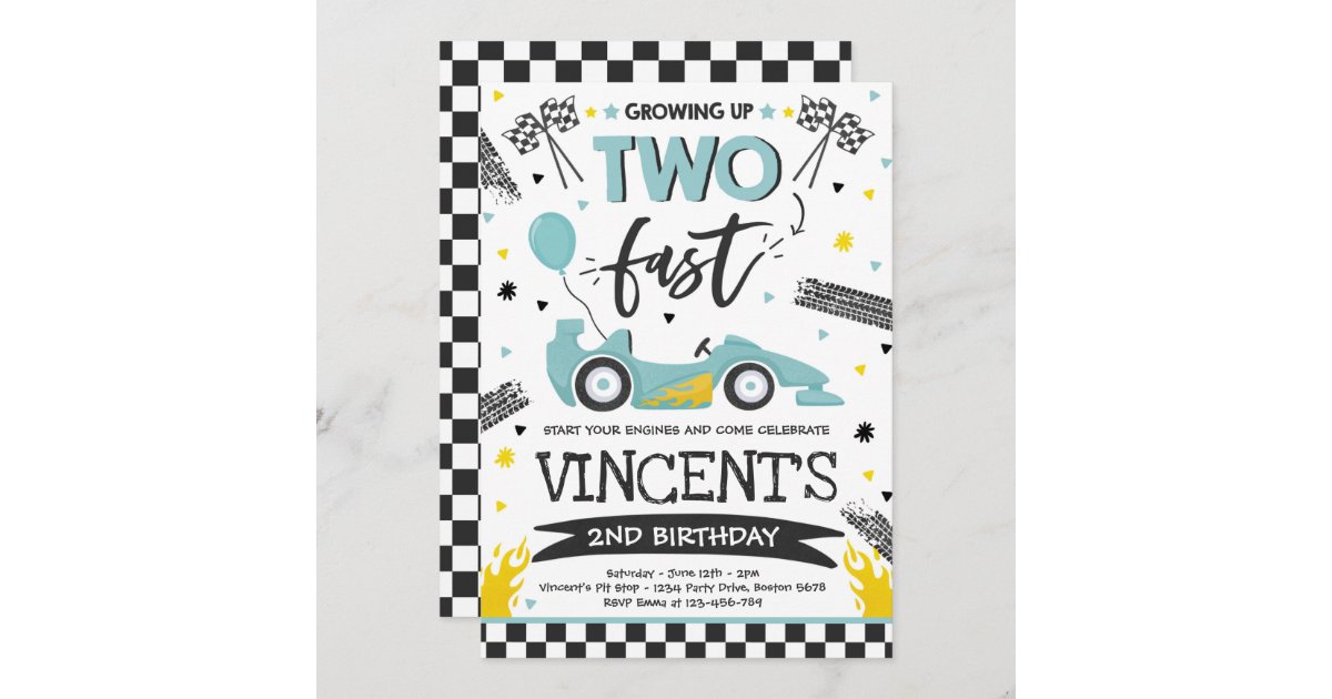 Growing Two Fast Birthday Invitations Racing Cars Party 