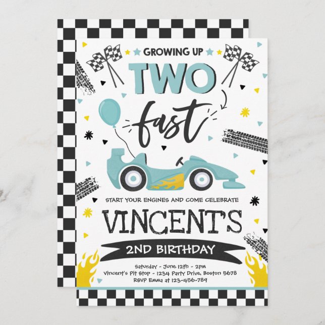 Growing Up Two Fast Blue Race Car 2nd Birthday  Invitation (Front/Back)