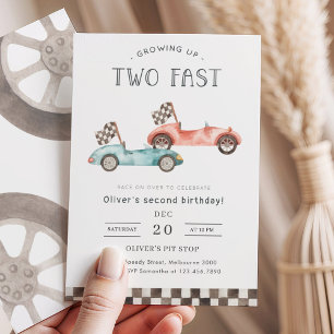 Growing Up Two Fast Blue & Red Race Car Birthday Invitation