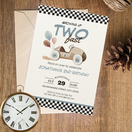 Growing Up Two Fast Boy Birthday Car Vintage Color Invitation
