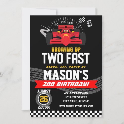 Growing up Two Fast Boys Red Race car 2nd birthday Invitation