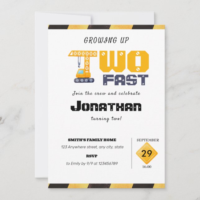 Growing Up Two Fast Construction Boy Birthday Invitation (Front)