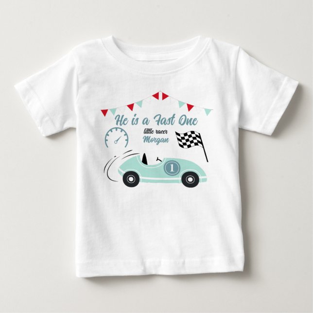 Growing Up Two Fast Festive Blue Race Car Birthday Baby T-Shirt (Front)