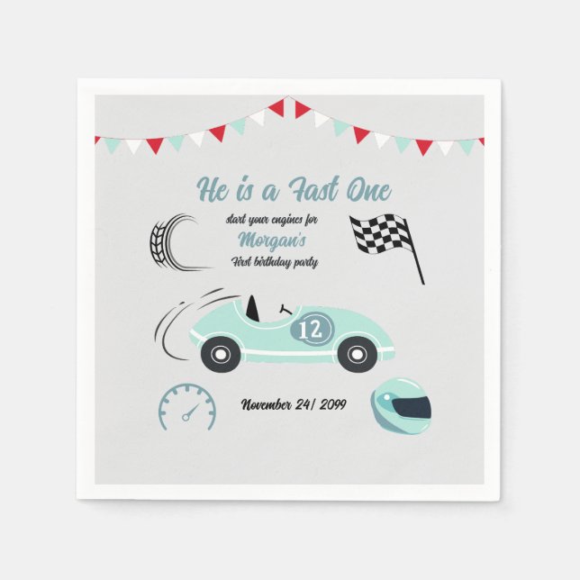 Growing Up Two Fast Festive Blue Race Car Birthday Napkins (Front)