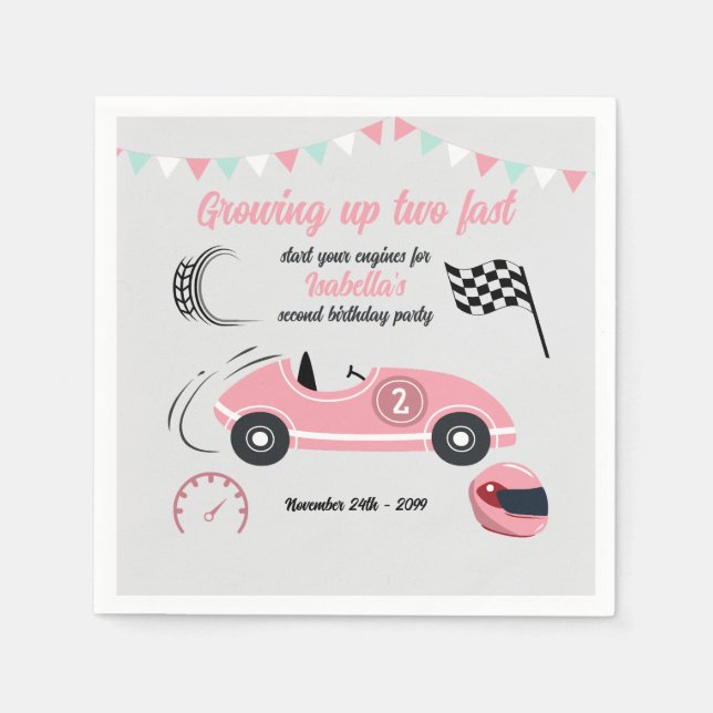 Growing Up Two Fast Festive Pink Race Car Birthday Napkins (Front)