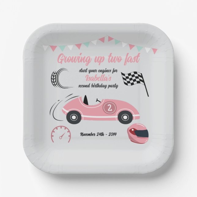 Growing Up Two Fast Festive Pink Race Car Birthday Paper Plates (Front)