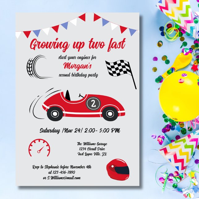 Growing Up Two Fast Festive Red Race Car Birthday Invitation (Creator Uploaded)