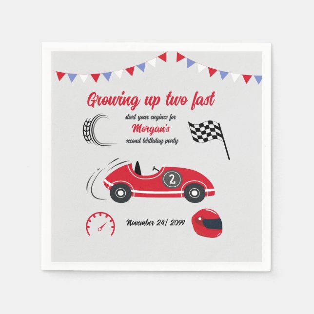 Growing Up Two Fast Festive Red Race Car Birthday Napkins (Front)