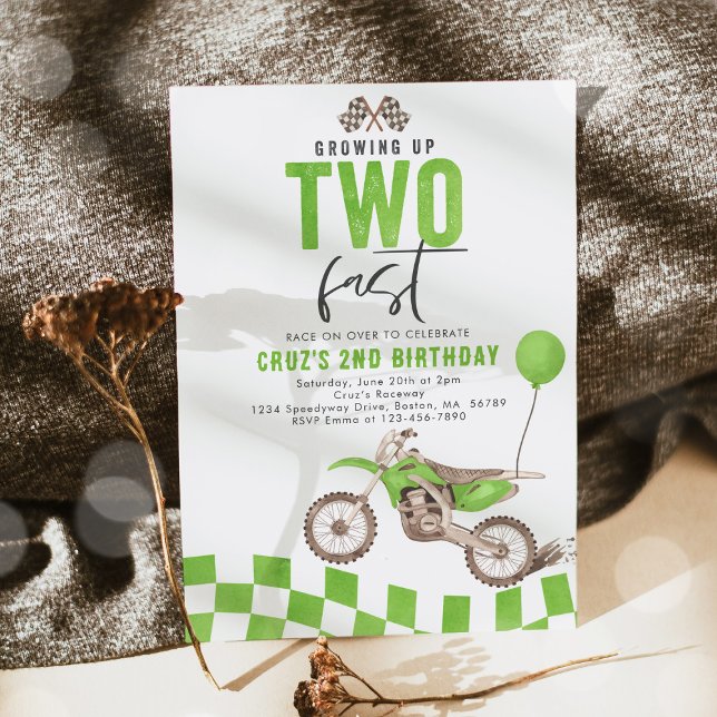 Growing Up Two Fast Green Dirt Bike Boy Birthday Invitation (Creator Uploaded)