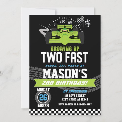 Growing up Two Fast Green Race car 2nd birthday Invitation