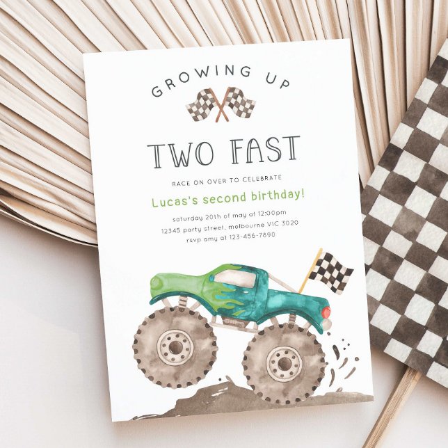 Growing Up TWO Fast Monster Truck 2nd Birthday Invitation (Creator Uploaded)