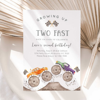 Growing Up Two Fast Monster Truck Birthday Invitation
