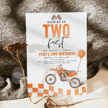 Growing Up Two Fast Orange Dirt Bike Boy Birthday Invitation by PixelPerfectionParty at Zazzle