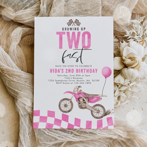 Growing Up Two Fast Pink Dirt Bike Girl Birthday Invitation