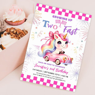 Growing Up Two Fast! Pink Race Car 2nd Birthday Invitation