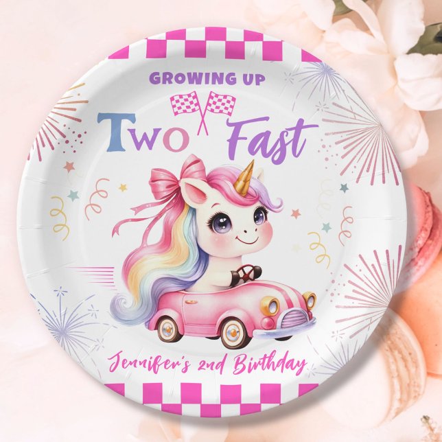 Growing Up Two Fast! Pink Race Car 2nd Birthday Paper Plates (Creator Uploaded)
