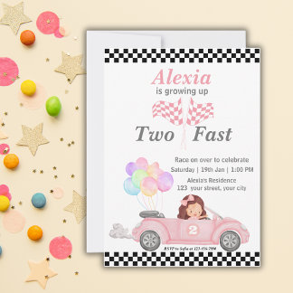 Growing Up Two Fast Pink Race Car Girl 2nd bday Invitation