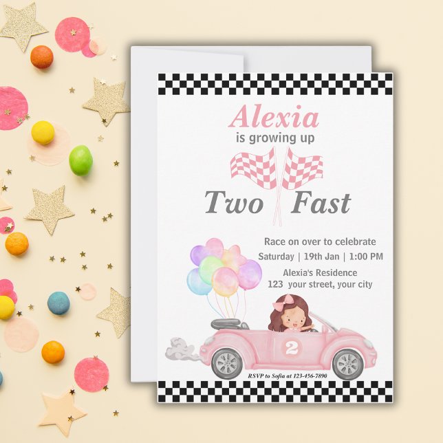 Growing Up Two Fast Pink Race Car Girl 2nd bday Invitation (Creator Uploaded)
