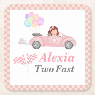 Growing Up Two Fast Pink Race Car Girl 2nd bday Square Paper Coaster