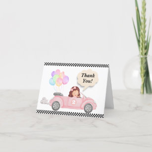 Growing Up Two Fast Pink Race Car Girl 2nd bday Thank You Card