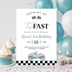Growing Up Two Fast Race Blue Car 2nd Birthday Invitation