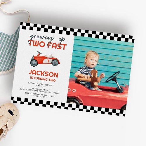 Growing Up Two Fast Race Car 2nd Birthday Party Invitation