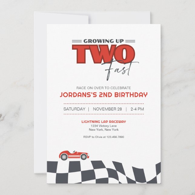 Growing Up Two Fast Race Car Birthday Invitation (Front)