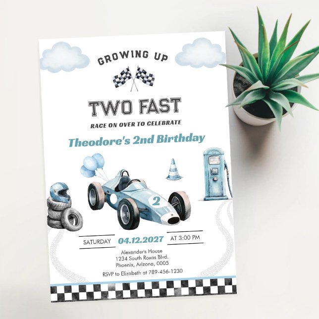 Growing Up Two Fast Race Car Boy 2nd Birthday Invitation (Creator Uploaded)