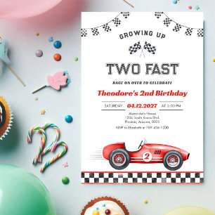 Growing Up Two Fast Race Car Boy 2nd Birthday Invitation
