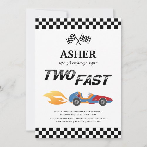 Growing Up Two Fast Race Car Boy 2nd Birthday Invitation