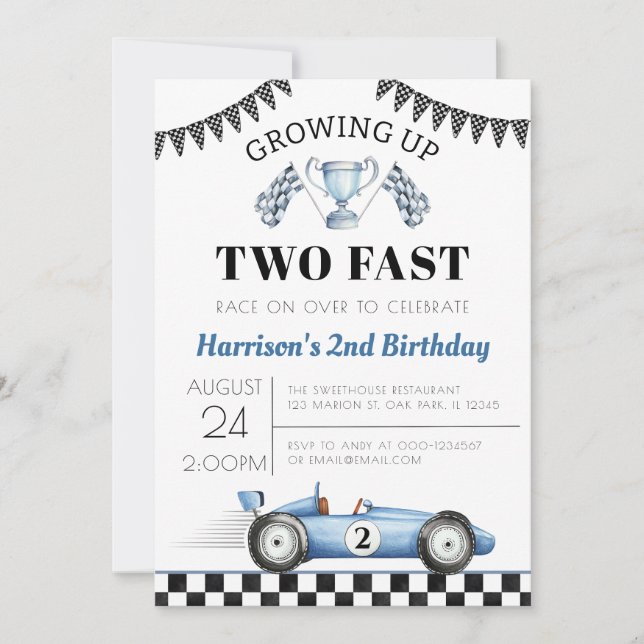 Growing Up Two Fast Race Car Boy 2nd Birthday Invitation (Front)