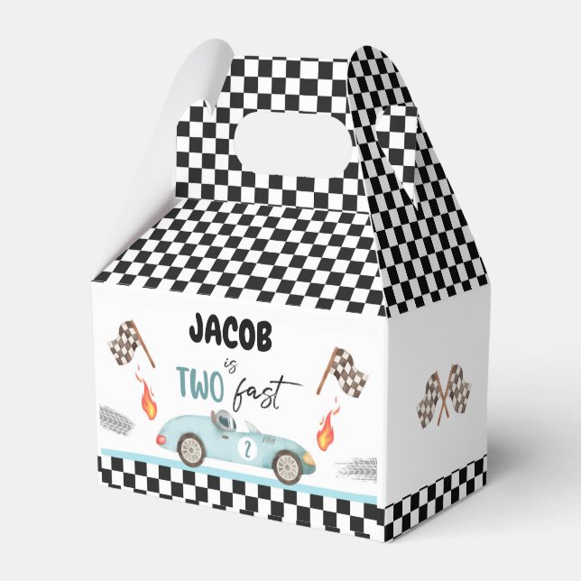 Growing Up Two Fast Race Car Boy Second Birthday Favor Boxes (Front Side)