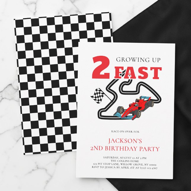Growing Up Two Fast Red Car Boy 2nd Birthday Party Invitation (Growing Up Two Fast Red Car Boy 2nd Birthday Party Invitation)